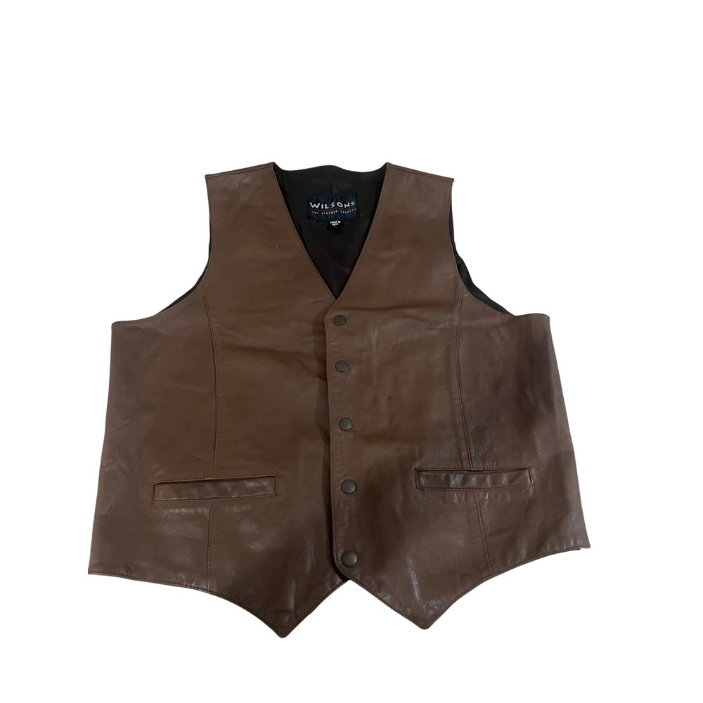 Vintage Wilsons The Leather Experts Brown Leather Vest Mens Large Snap Front Bik